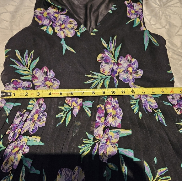 Floral Black Dress Pleated Skirt Sheer Back Zipup | George Size Large - Picture 6 of 7